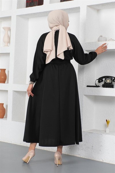 Beli Büzgülü Kemerli Elbise SİYAH - Thumbnail