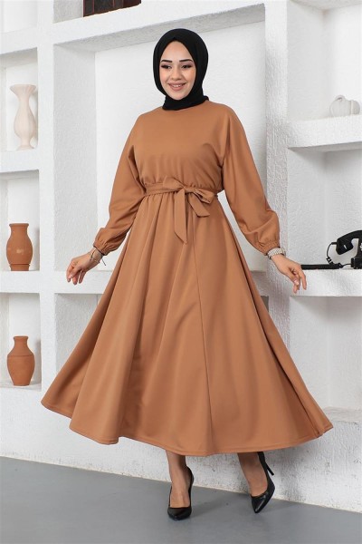 MG - Beli Büzgülü Kemerli Elbise TABA