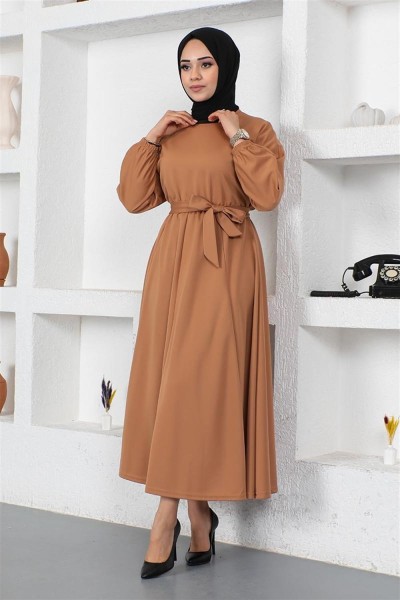 Beli Büzgülü Kemerli Elbise TABA - Thumbnail