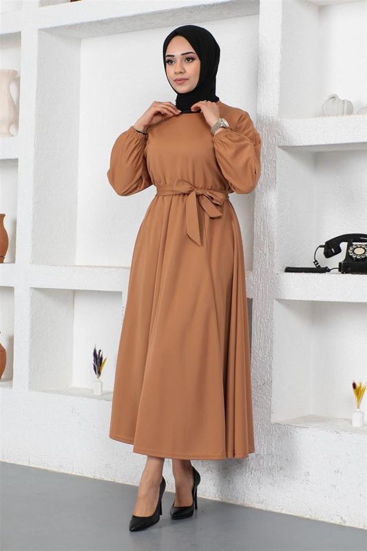 Beli Büzgülü Kemerli Elbise TABA - 2