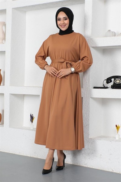 Beli Büzgülü Kemerli Elbise TABA - Thumbnail