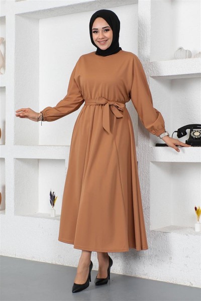 Beli Büzgülü Kemerli Elbise TABA - Thumbnail
