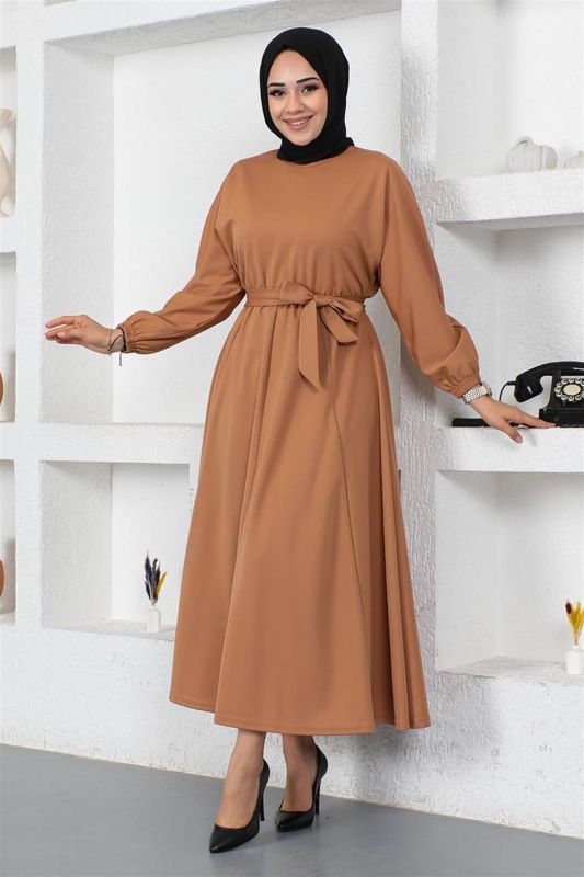 Beli Büzgülü Kemerli Elbise TABA - 4
