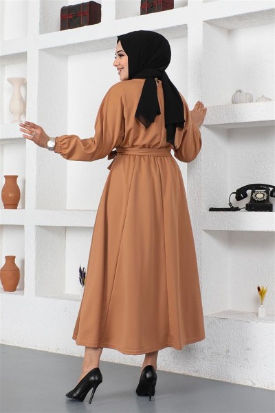 Beli Büzgülü Kemerli Elbise TABA - Thumbnail