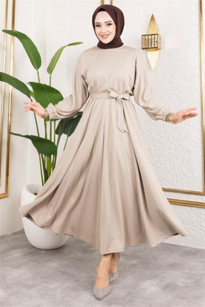Beli Büzgülü Kemerli Elbise VİZON - Thumbnail