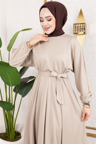 Beli Büzgülü Kemerli Elbise VİZON - Thumbnail