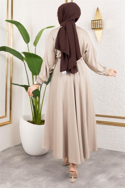 Beli Büzgülü Kemerli Elbise VİZON - Thumbnail