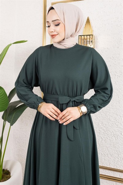 Beli Büzgülü Kemerli Elbise ZÜMRÜT YEŞİLİ - Thumbnail