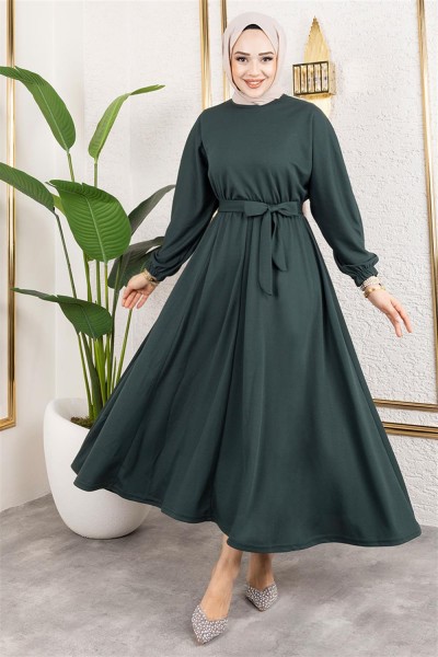 Beli Büzgülü Kemerli Elbise ZÜMRÜT YEŞİLİ - Thumbnail