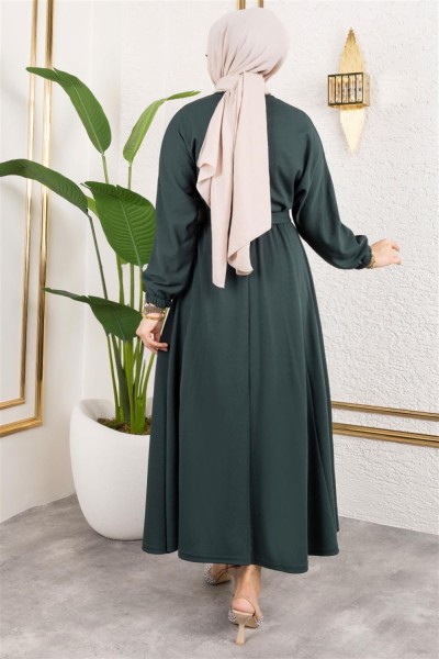 Beli Büzgülü Kemerli Elbise ZÜMRÜT YEŞİLİ - Thumbnail