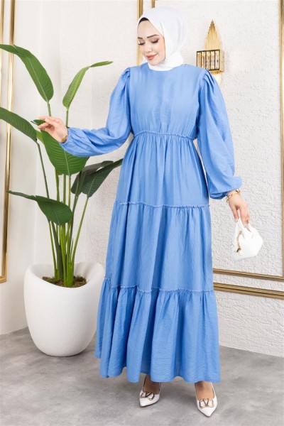 Beli Lastikli Tesettür Elbise İNDİGO - Thumbnail
