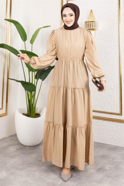 Beli Lastikli Tesettür Elbise VİZON - Thumbnail