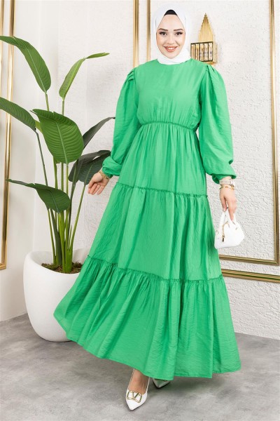 SGS - Beli Lastikli Tesettür Elbise YEŞİL