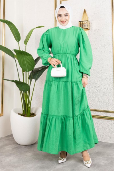 Beli Lastikli Tesettür Elbise YEŞİL - Thumbnail