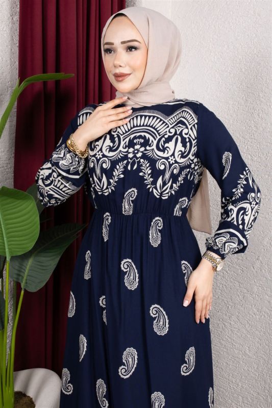 Beli Lastikli Viskon Elbise LACİVERT - 2