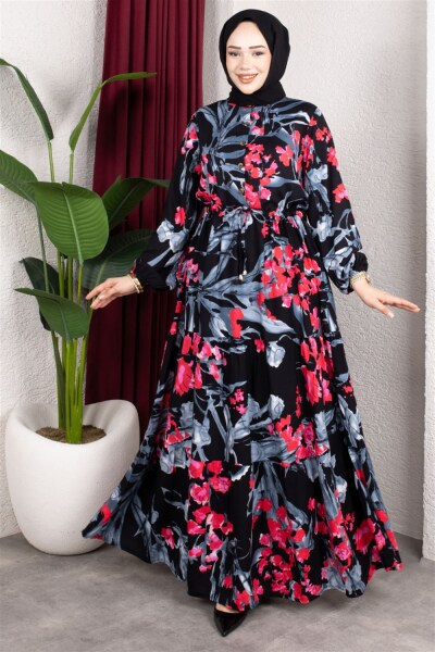 Beli Tünelli Çiçekli Elbise FUŞYA - 2