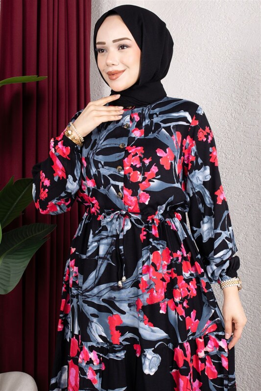 Beli Tünelli Çiçekli Elbise FUŞYA - 3
