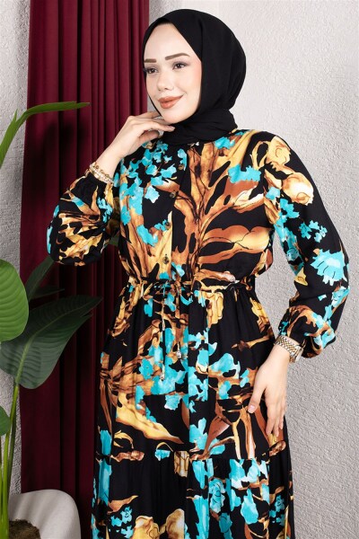 Beli Tünelli Çiçekli Elbise GOLD - 3