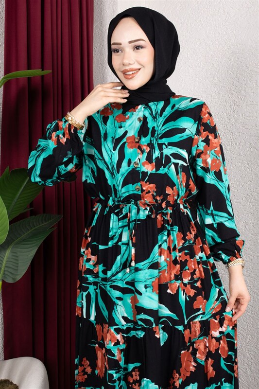 Beli Tünelli Çiçekli Elbise TURKUAZ - 3