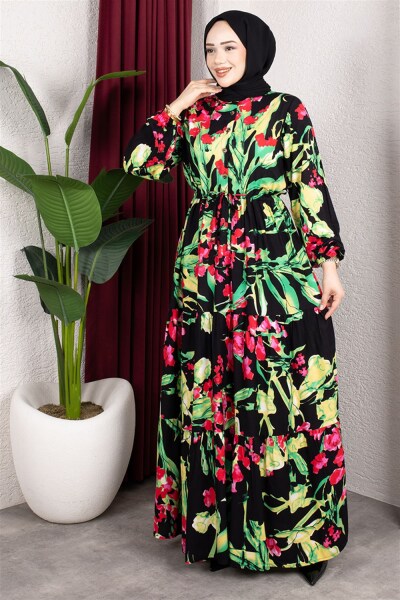 Beli Tünelli Çiçekli Elbise YEŞİL - 3