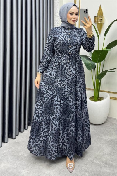 SGS - Beli Tünelli Leopar Elbise GRİ
