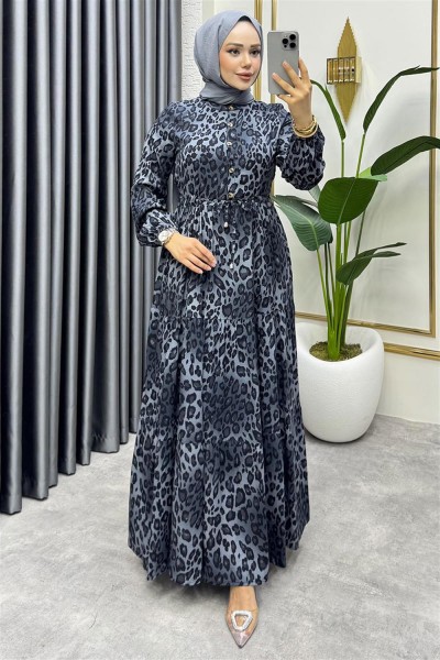 Beli Tünelli Leopar Elbise GRİ - Thumbnail