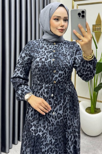 Beli Tünelli Leopar Elbise GRİ - Thumbnail