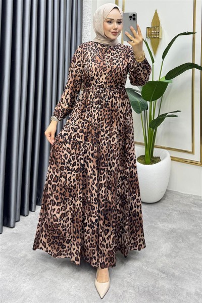 SGS - Beli Tünelli Leopar Elbise KAHVERENGİ