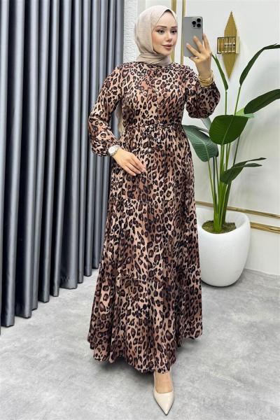 Beli Tünelli Leopar Elbise KAHVERENGİ - Thumbnail