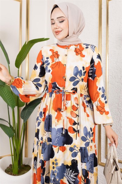 Beli Tünelli Tesettür Elbise ANTRASİT - Thumbnail