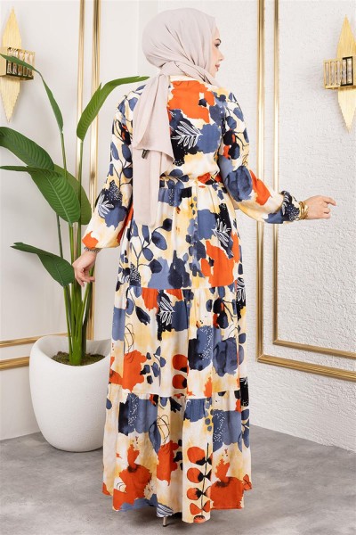 Beli Tünelli Tesettür Elbise ANTRASİT - Thumbnail