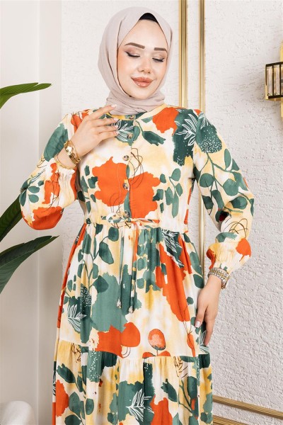 Beli Tünelli Tesettür Elbise HAKİ - Thumbnail