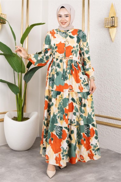 Beli Tünelli Tesettür Elbise HAKİ - Thumbnail