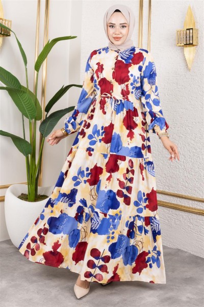 Beli Tünelli Tesettür Elbise İNDİGO - Thumbnail