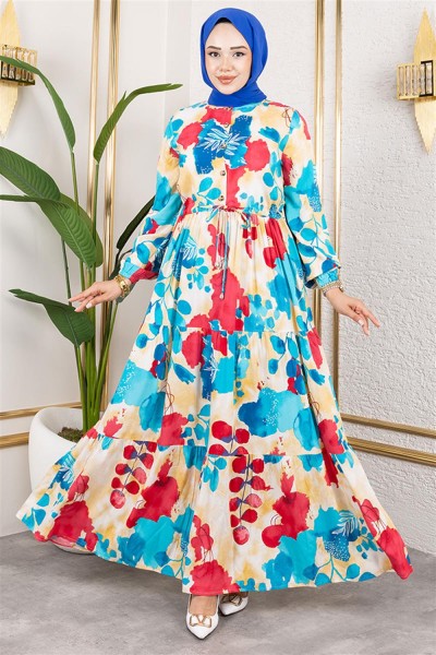 SGS - Beli Tünelli Tesettür Elbise TURKUAZ