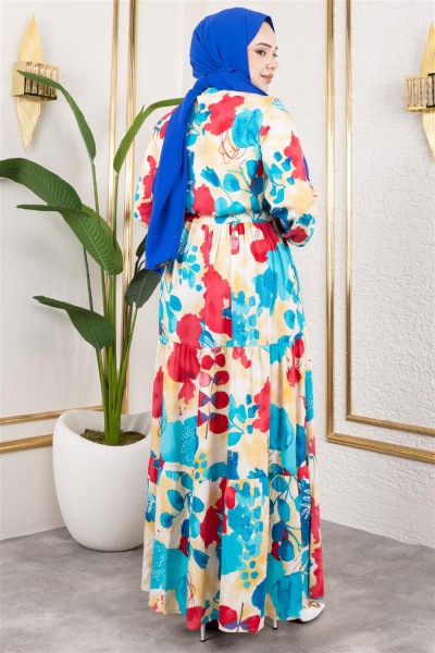 Beli Tünelli Tesettür Elbise TURKUAZ - Thumbnail