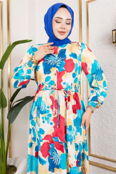 Beli Tünelli Tesettür Elbise TURKUAZ - Thumbnail