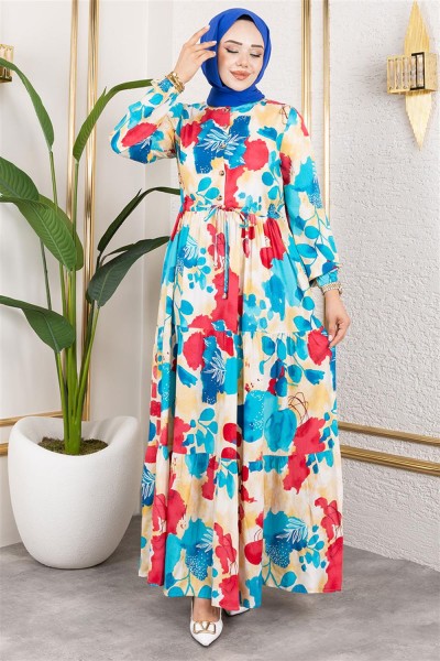 Beli Tünelli Tesettür Elbise TURKUAZ - Thumbnail