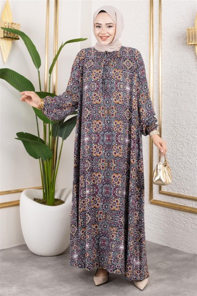 Büyük Beden Desenli Elbise HAKİ - Thumbnail