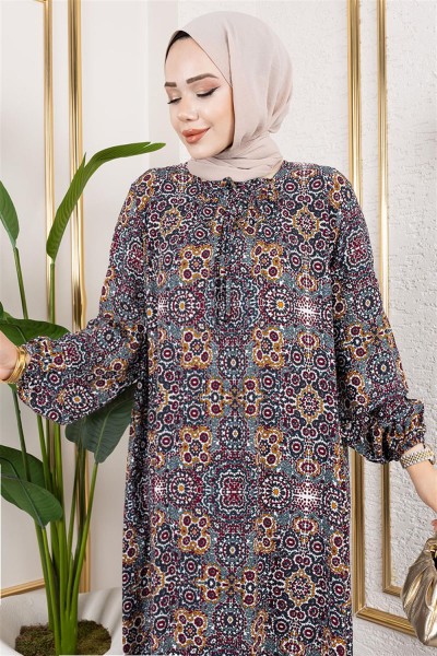 Büyük Beden Desenli Elbise HAKİ - Thumbnail