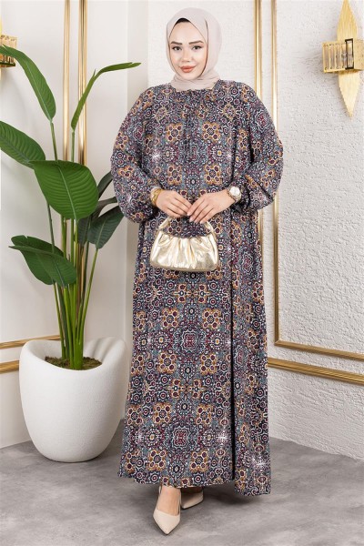 Büyük Beden Desenli Elbise HAKİ - Thumbnail