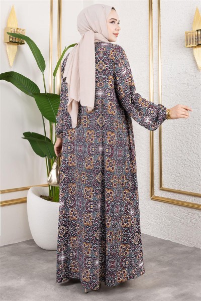 Büyük Beden Desenli Elbise HAKİ - Thumbnail