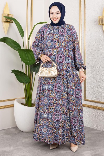 Büyük Beden Desenli Elbise İNDİGO - Thumbnail