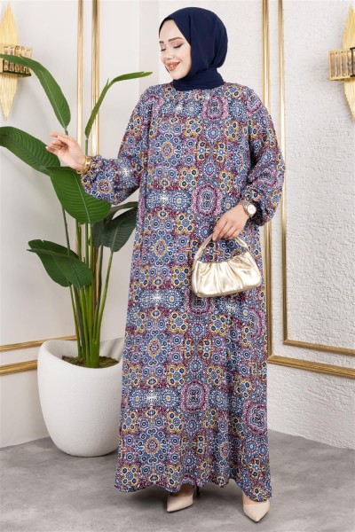 SGS - Büyük Beden Desenli Elbise İNDİGO