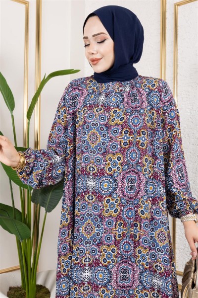Büyük Beden Desenli Elbise İNDİGO - Thumbnail
