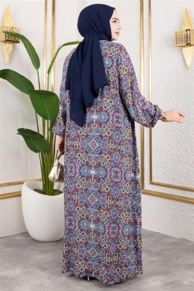 Büyük Beden Desenli Elbise İNDİGO - Thumbnail