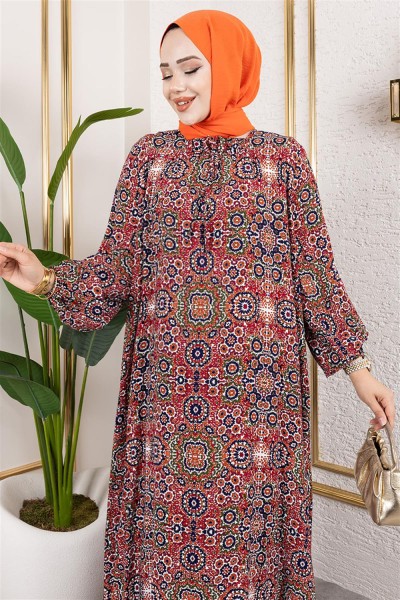 Büyük Beden Desenli Elbise KIRMIZI - Thumbnail