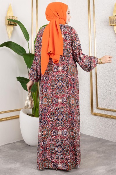 Büyük Beden Desenli Elbise KIRMIZI - Thumbnail