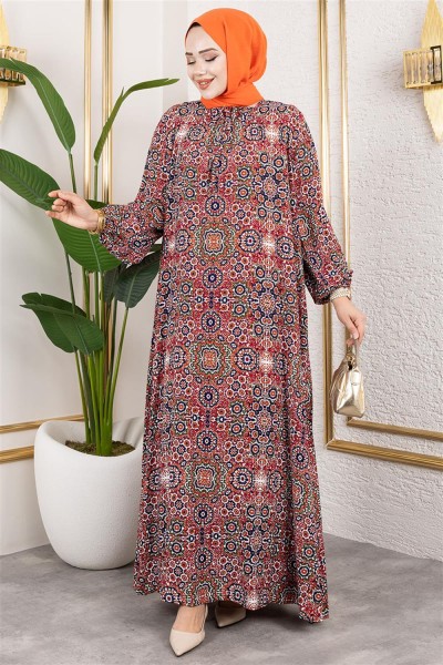 Büyük Beden Desenli Elbise KIRMIZI - Thumbnail