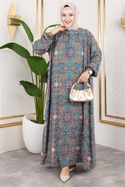 Büyük Beden Desenli Elbise TURKUAZ - Thumbnail